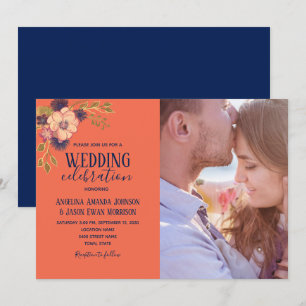 Navy Blue Peach Pink Floral Photo Wedding Invitation