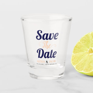 Navy blue peach typography and names Save the Date Shot Glass