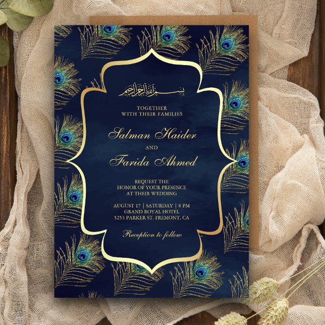 Navy Blue Peacock Feathers Muslim Wedding Invitation (Creator Uploaded)