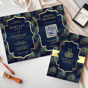 Navy Blue Peacock Feathers QR Code Muslim Wedding Invitation
