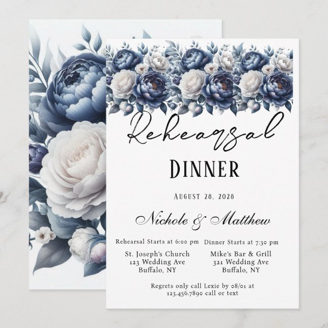 Navy Blue Peonies & White Rose Rehearsal Dinner Invitation (Front/Back)