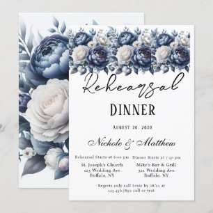 Navy Blue Peonies & White Rose Rehearsal Dinner Invitation