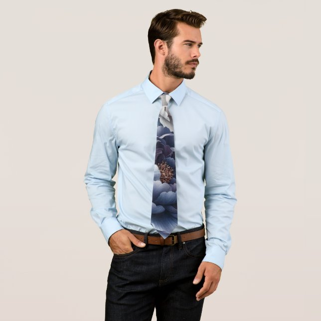 Navy Blue Peonies & White Rose Wedding Men’s Tie (In Situ)