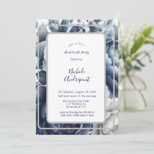Navy Blue Peonies & White Roses Bachelorette Party Invitation