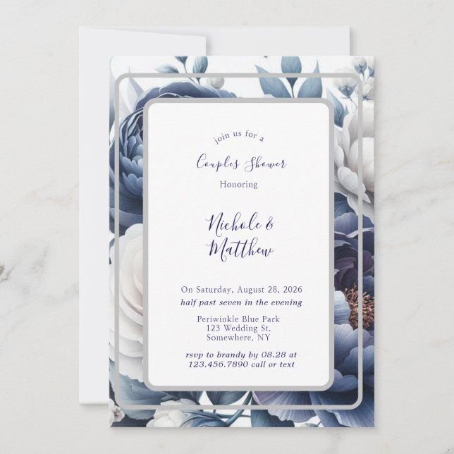 Navy Blue Peonies & White Roses Couples Shower Invitation (Front)