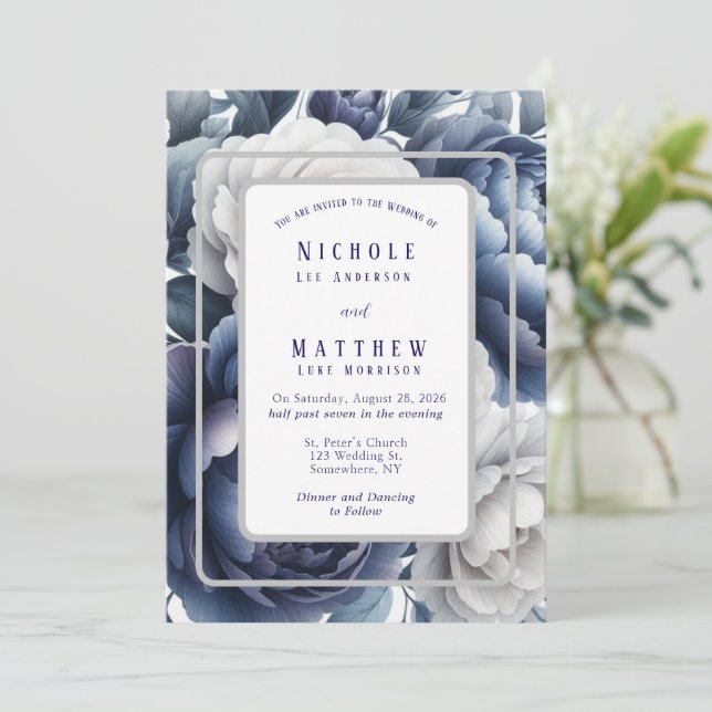 Navy Blue Peonies & White Roses Wedding Invitation (Standing Front)