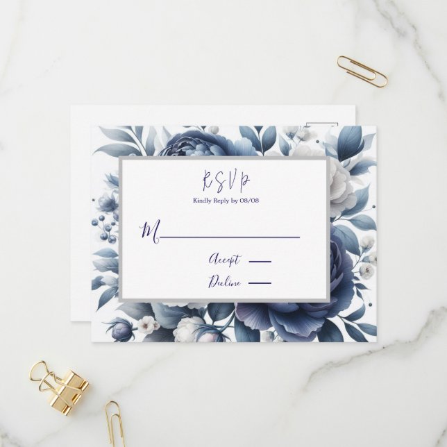 Navy Blue Peonies & White Roses Wedding RSVP  Invitation Postcard (Front/Back In Situ)