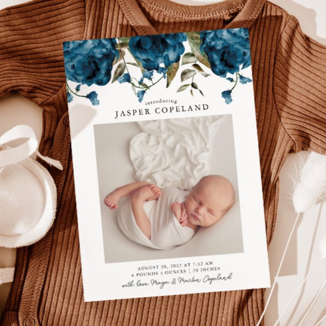 Navy Blue Peony Baby Photo Birth Announcement (Creator Uploaded)