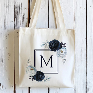 Navy Blue Peony Floral Monogram  Tote Bag