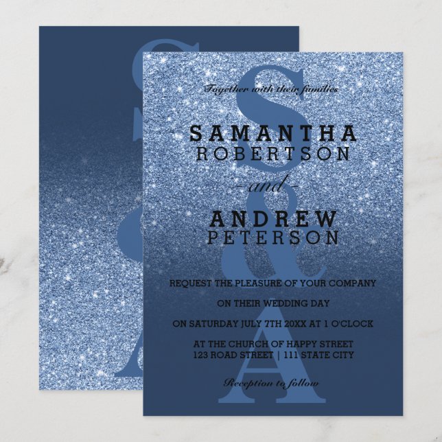Navy blue peony glitter ombre monogram wedding invitation (Front/Back)
