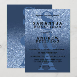 Navy blue peony glitter ombre monogram wedding invitation