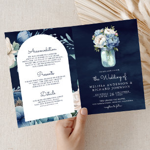 Navy Blue Peony Mason Jar QR Code Wedding Invitation