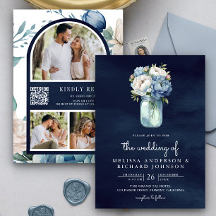 Navy Blue Peony Mason Jar QR Code Wedding Invitation