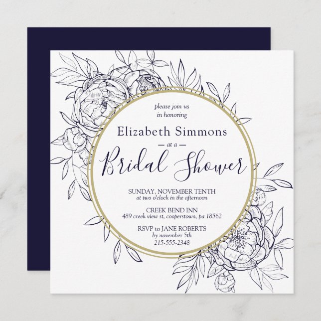 Navy Blue Peony Modern Toile Bridal Shower Invitation (Front/Back)