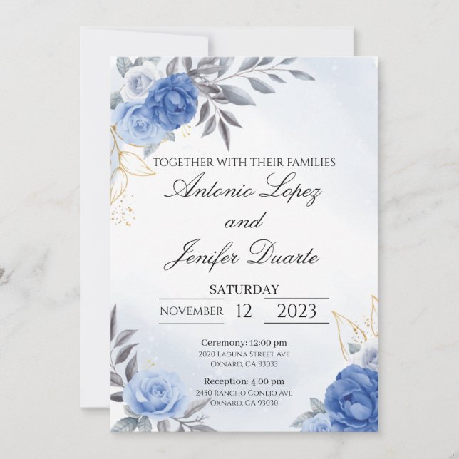 Navy blue peony rose wedding invitation, boda (Front)