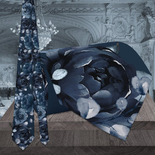 Navy Blue Peony Silver Eucalyptus Garden Wedding Tie