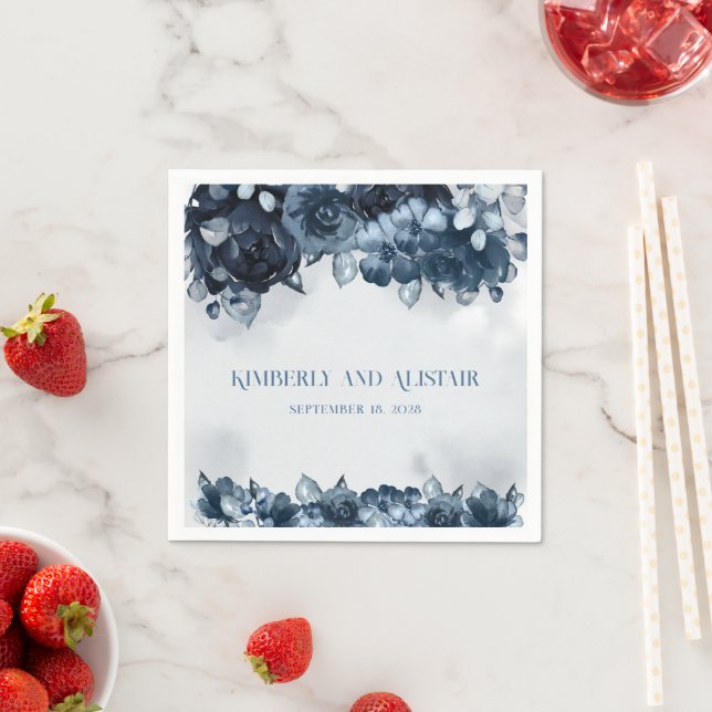 Navy Blue Peony Silver Eucalyptus Greenery Wedding Napkin (Insitu)