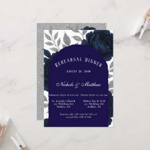 Navy Blue Peony & Silver Leaves Rehearsal Dinner Invitation