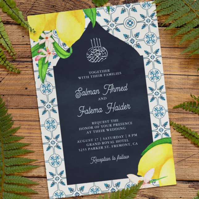 Navy Blue Persian Mosaic Lemon Islamic Wedding Invitation (Creator Uploaded)