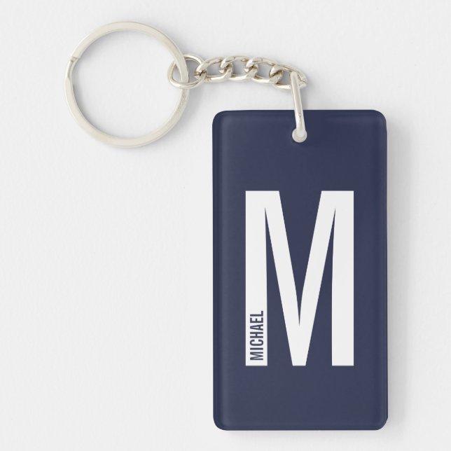 Navy Blue Personalised Bold Monogram and Name Key Ring (Front)