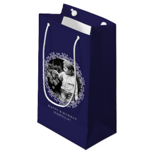 Navy Blue Personalised Fancy Swirls Photo Frame Small Gift Bag