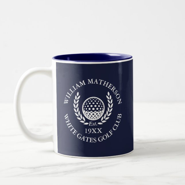 Navy Blue Personalised Golf Club Name Two-Tone Coffee Mug (Left)