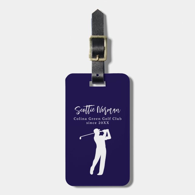 Navy Blue Personalised Golfer Name Luggage Tag (Front Vertical)