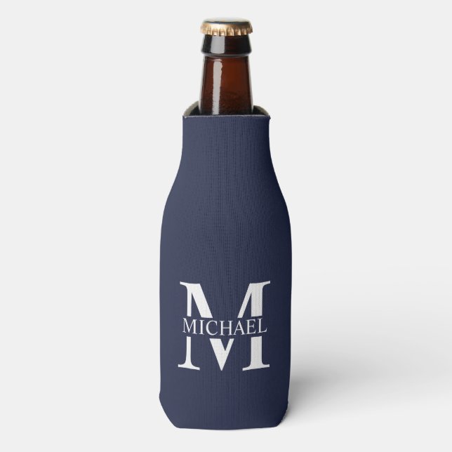 Navy Blue Personalised Monogram and Name Bottle Cooler (Bottle Front)