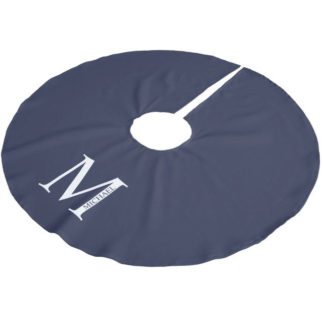 Navy Blue Personalised Monogram and Name Brushed Polyester Tree Skirt (Angled)