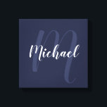 Navy Blue personalised Monogram and Name Canvas Print<br><div class="desc">Personalised Monogram and Family Name Gift
featuring name in white modern script font style and monogram in light navy blue modern script font style as background on navy blue background.</div>