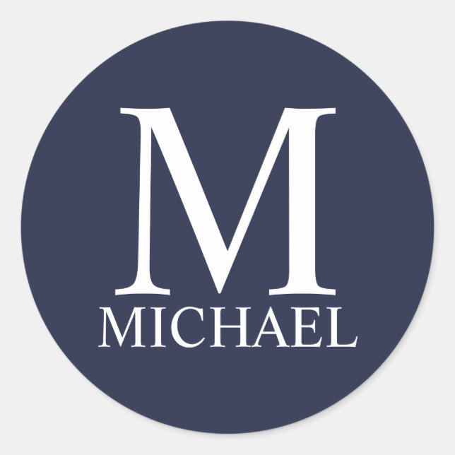 Navy Blue Personalised Monogram and Name Classic Round Sticker (Front)