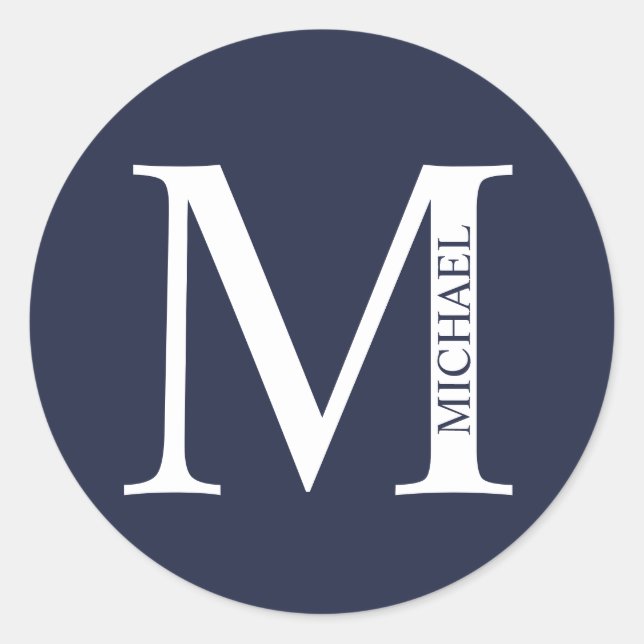 Navy Blue Personalised Monogram and Name Classic Round Sticker (Front)