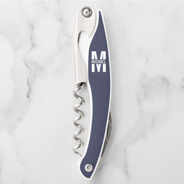 Navy Blue Personalised Monogram and Name Corkscrew (Front)