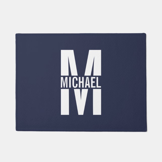 Navy Blue Personalised Monogram and Name Doormat (Front)