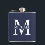 Navy Blue Personalised Monogram and Name Flask<br><div class="desc">Personalised Monogram and Name Gifts
featuring personalised white monogram in classic serif font style with box of name in the middle of monogram on navy blue background.

Perfect as father's day gifts for dad,  thank you gifts for groomsmen and more.</div>