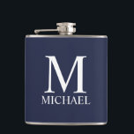 Navy Blue Personalised Monogram and Name Hip Flask<br><div class="desc">Personalised Monogram and Name Gift
features personalised monogram and name in white classic serif font style on navy blue background.

Perfect as holiday gift,  father's day gift,  family reunion favours,  thank you gift for groomsmen and gift for any special occasions.</div>