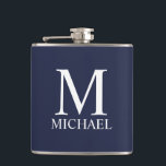 Navy Blue Personalised Monogram and Name Hip Flask<br><div class="desc">Personalised Monogram and Name Gift
features personalised monogram and name in white classic serif font style on navy blue background.

Perfect as holiday gift,  father's day gift,  family reunion favours,  thank you gift for groomsmen and gift for any special occasions.</div>
