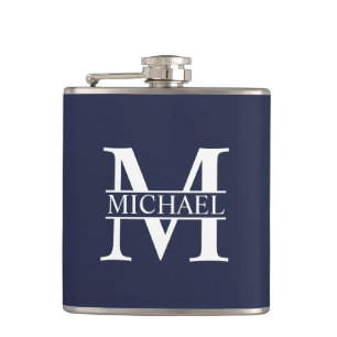 Navy Blue Personalised Monogram and Name Hip Flask