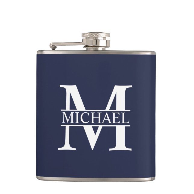 Navy Blue Personalised Monogram and Name Hip Flask (Front)
