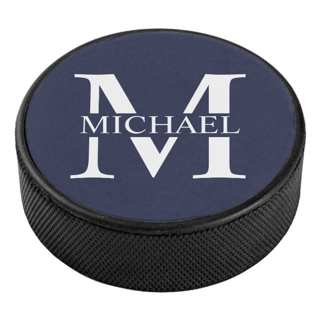 Navy Blue Personalised Monogram and Name Hockey Puck (3/4)