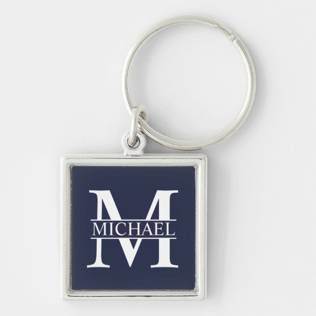 Navy Blue Personalised Monogram and Name Key Ring (Front)