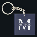 Navy Blue Personalised Monogram and Name Key Ring<br><div class="desc">Personalised Monogram and Name Gifts
featuring personalised white monogram in classic serif font style with box of name in the middle of monogram on navy blue background.

Perfect as father's day gifts for dad,  thank you gifts for groomsmen and more.</div>