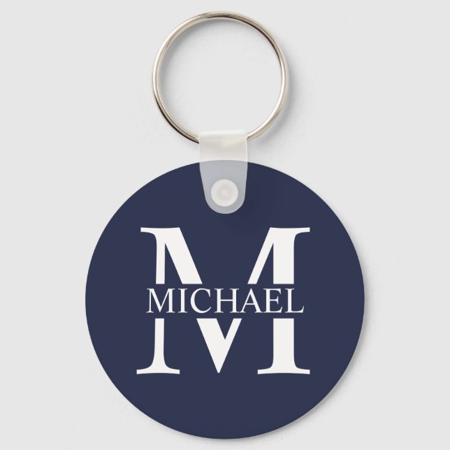 Navy Blue Personalised Monogram and Name Key Ring (Front)