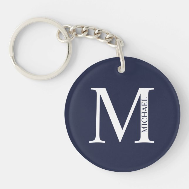 Navy Blue Personalised Monogram and Name Keychain (Front)