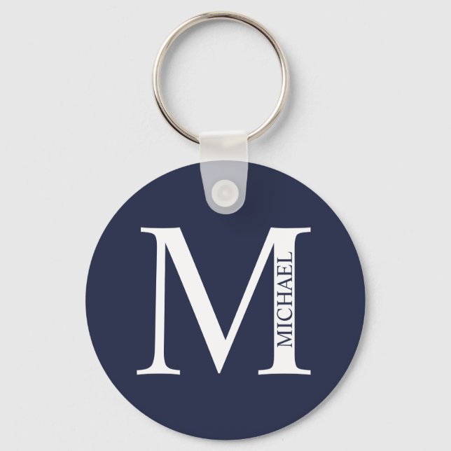 Navy Blue Personalised Monogram and Name Keychain (Front)
