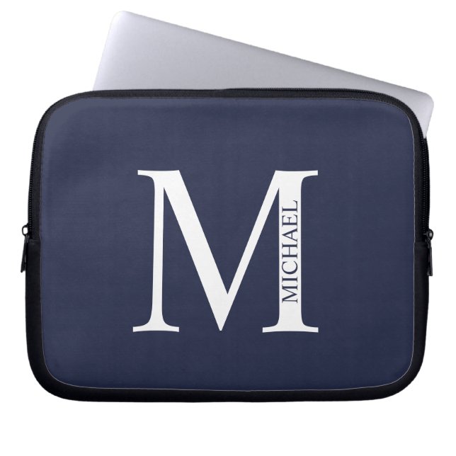 Navy Blue Personalised Monogram and Name Laptop Sleeve (Front)
