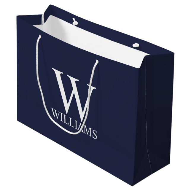 Navy Blue Personalised Monogram and Name Large Gift Bag (Front Angled)