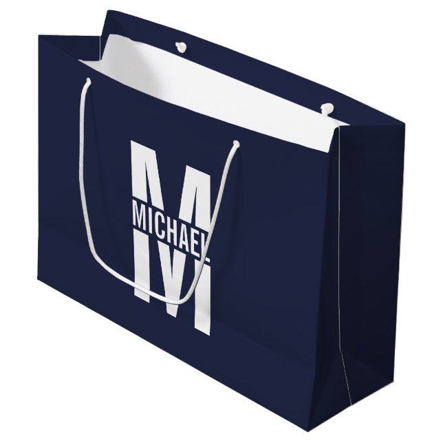 Navy Blue Personalised Monogram and Name Large Gift Bag (Front Angled)