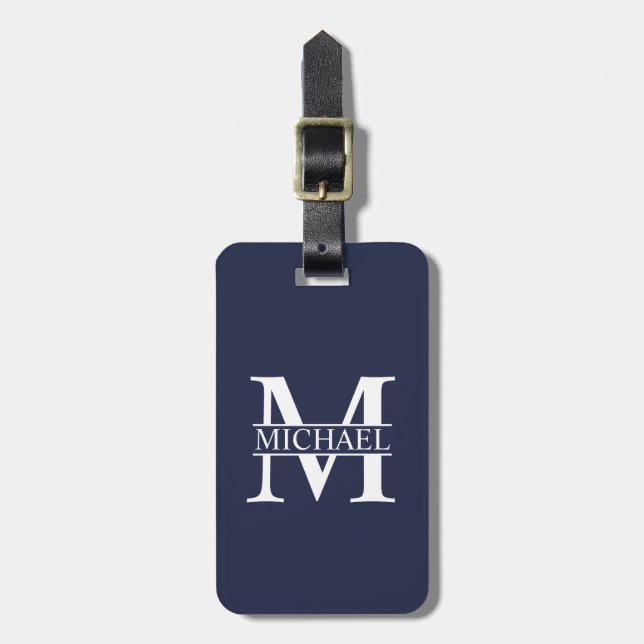 Navy Blue Personalised Monogram and Name Luggage Tag (Front Vertical)