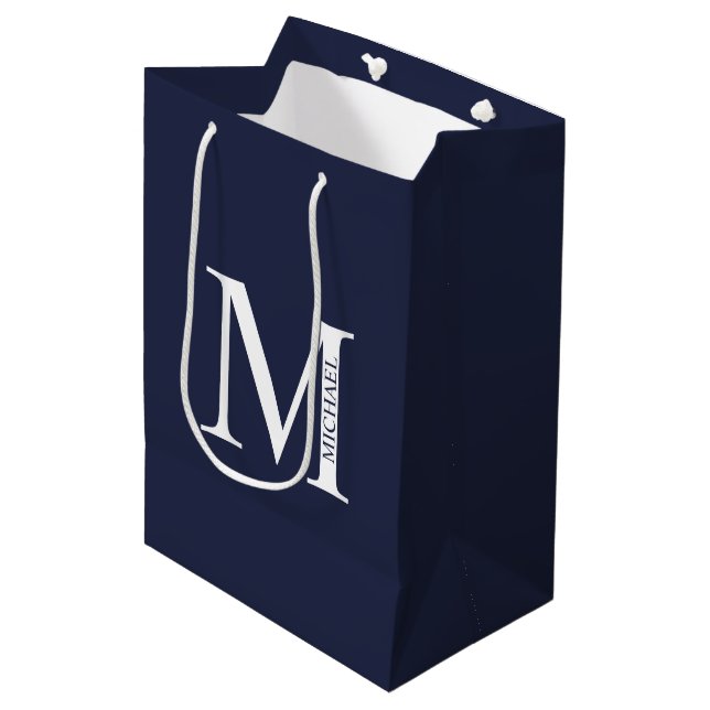 Navy Blue Personalised Monogram and Name Medium Gift Bag (Front Angled)